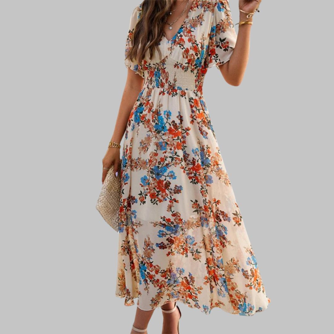 Floral V-neck midi dress with short sleeves