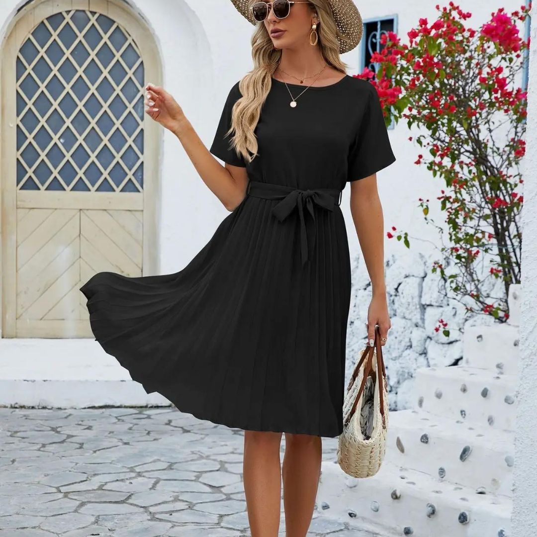 Classic pleated midi dress with waist tie