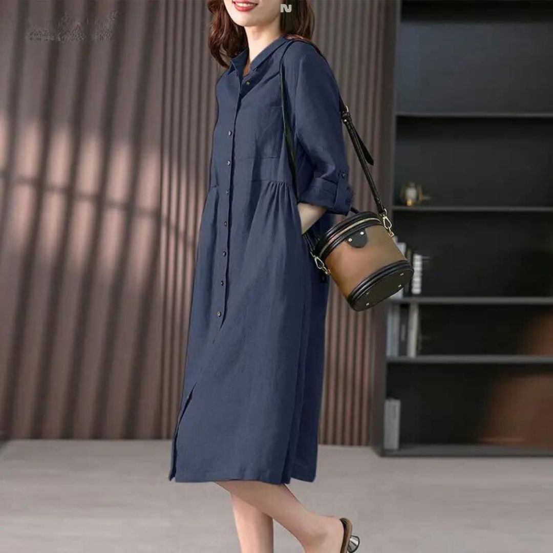 Shirt dress with button placket and breast pocket