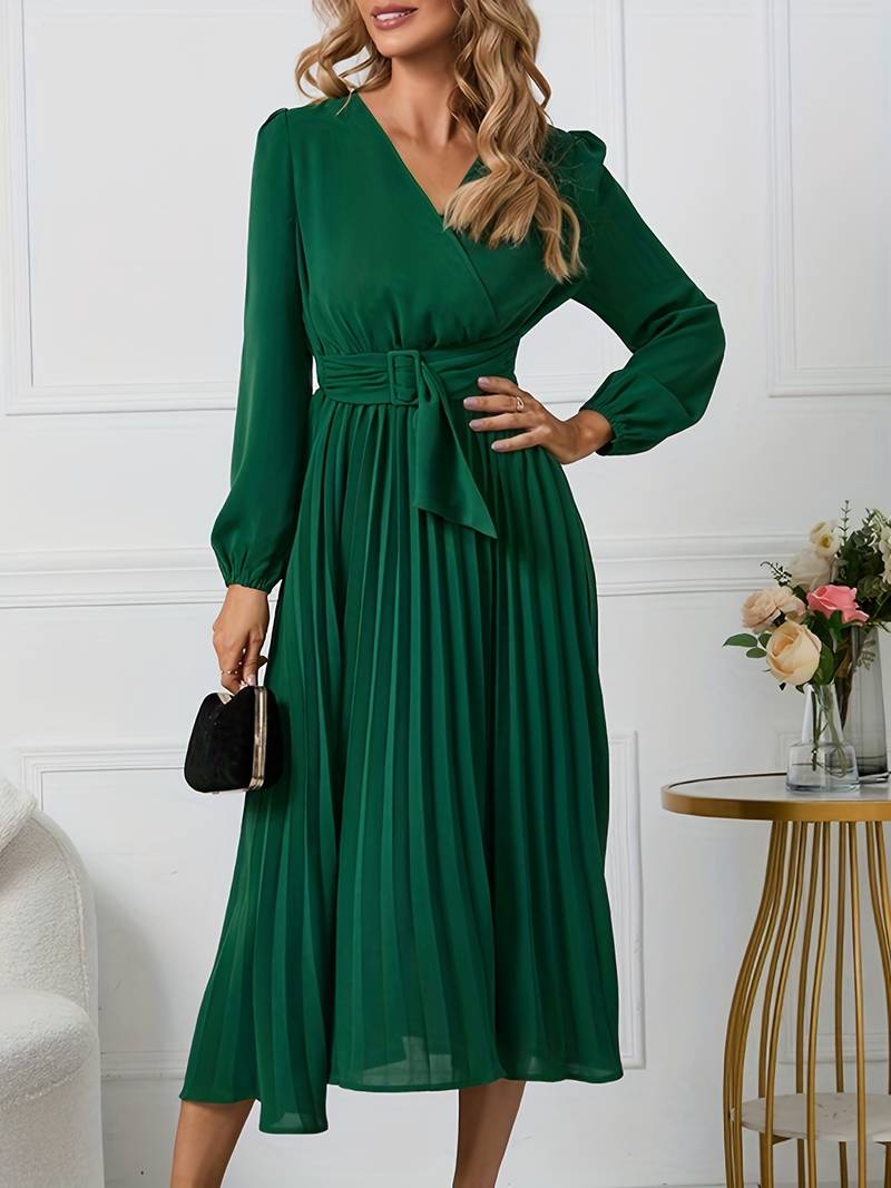 Pleated midi dress with belt