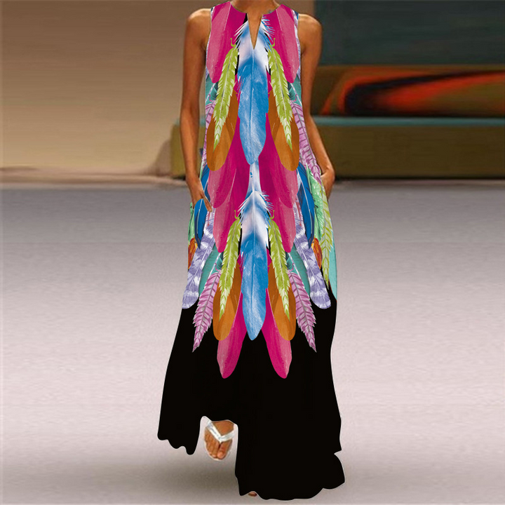 Maxi dress with feather pattern