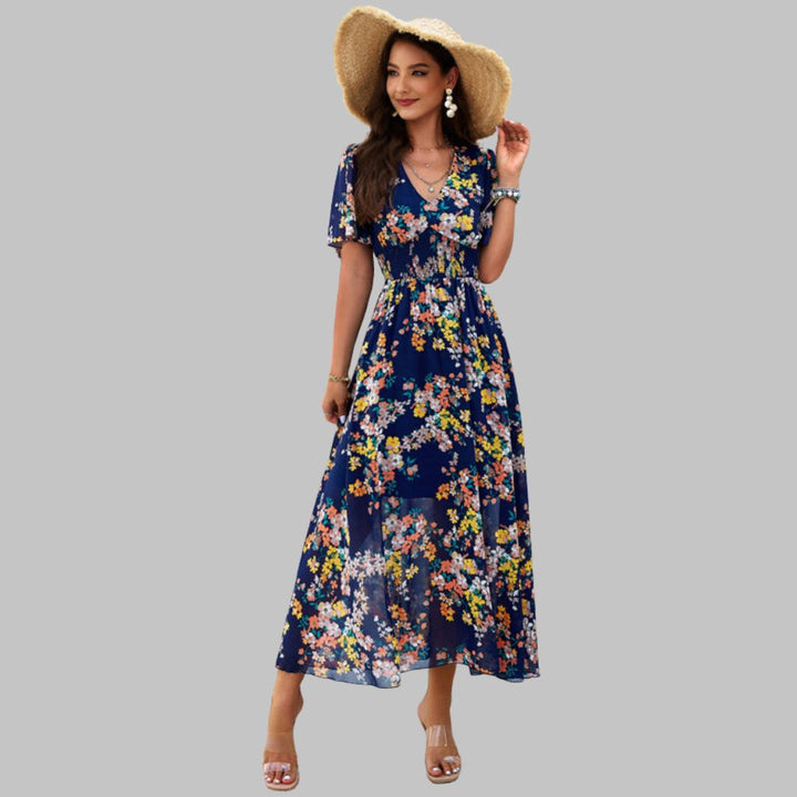 Floral V-neck midi dress with short sleeves