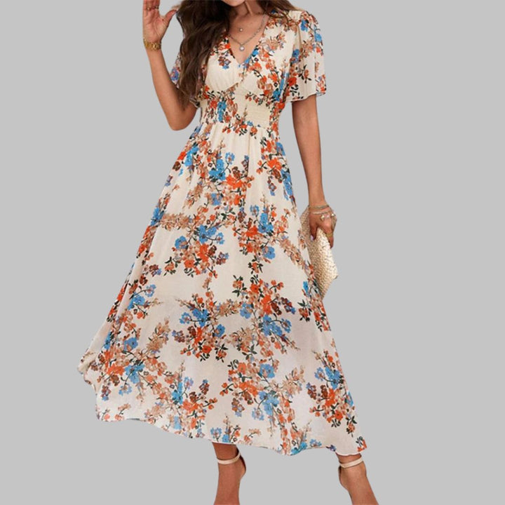 Floral V-neck midi dress with short sleeves