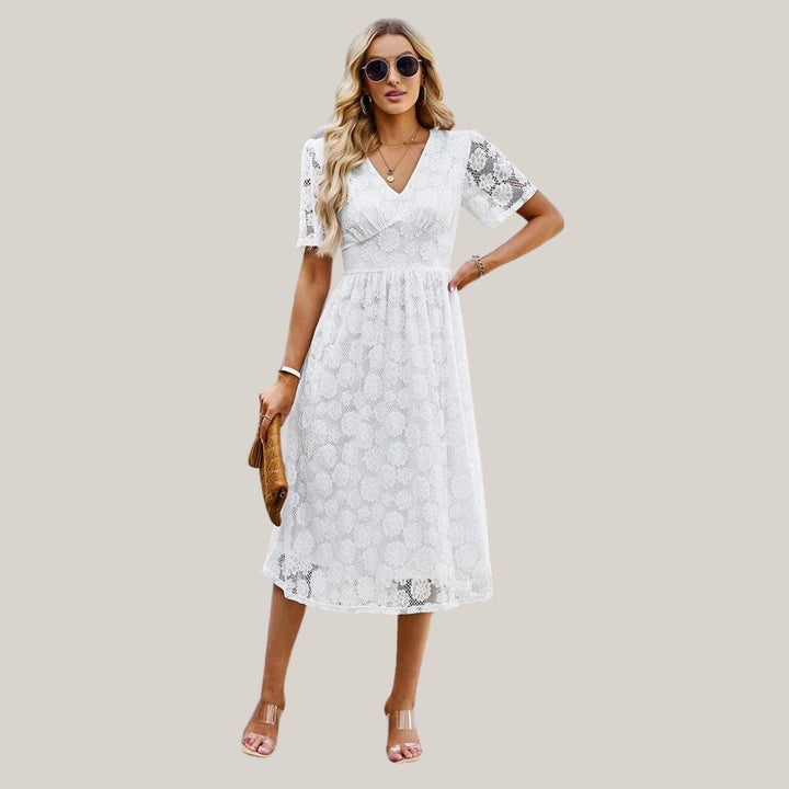 Lace midi dress with V-neckline