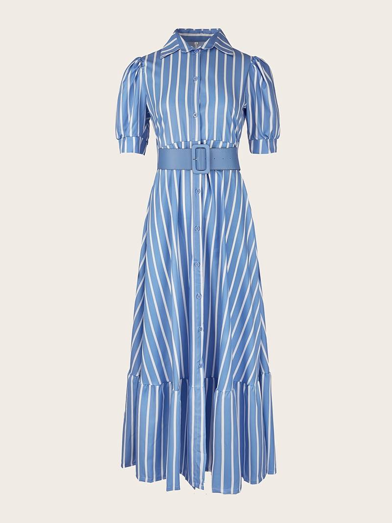 Elegant striped long dress with button placket