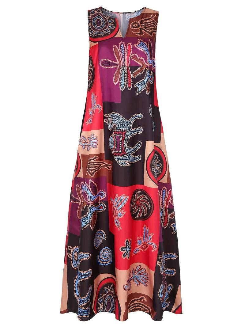 Maxi dress with V-neck and ethnic print