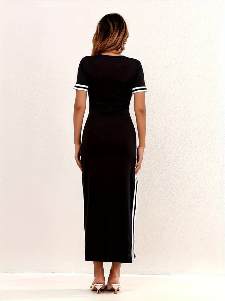 Long split dress with contrast trim