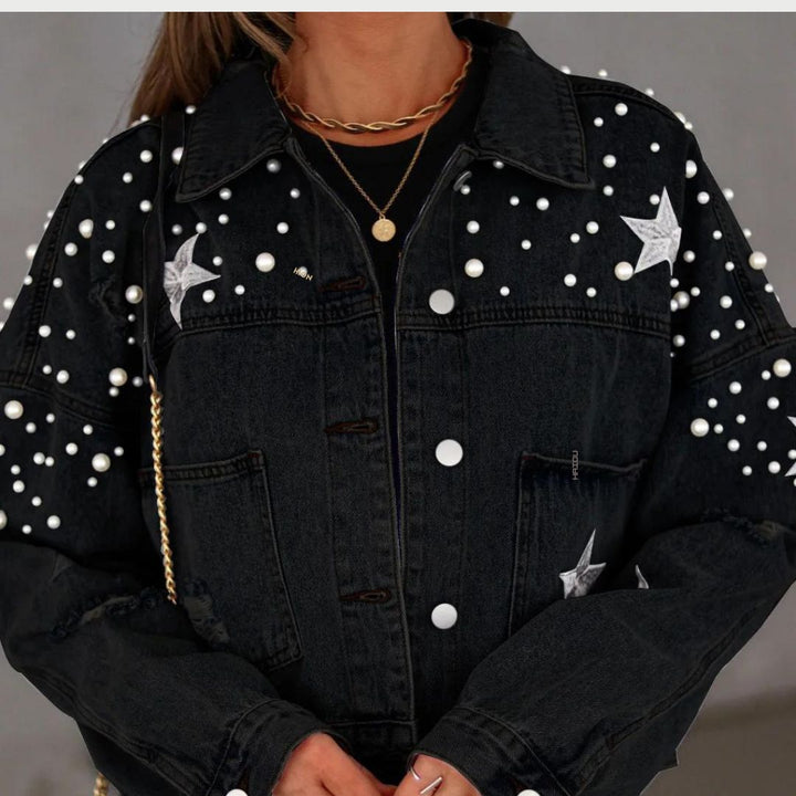 Denim jacket with pearl embellishment and star accents