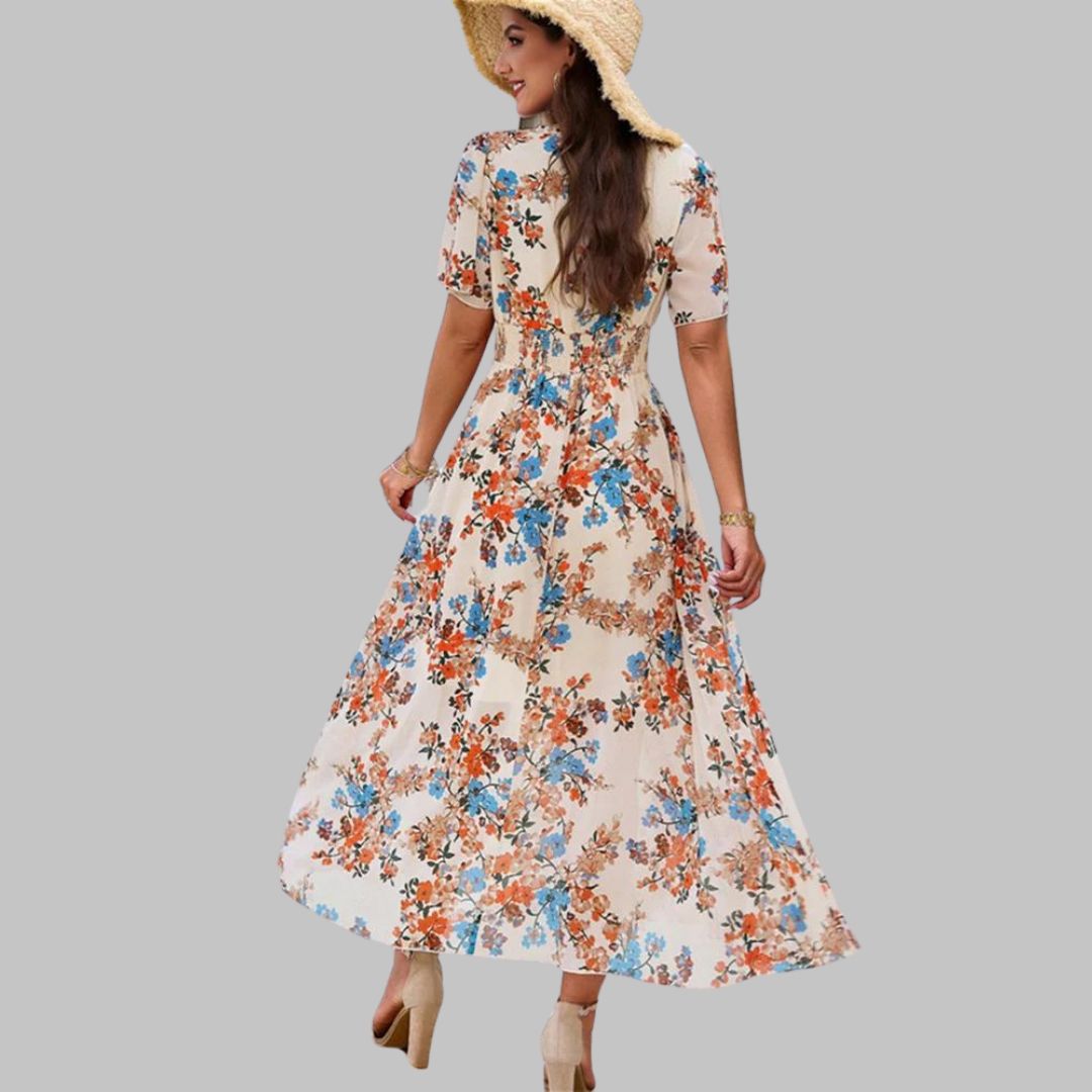 Floral V-neck midi dress with short sleeves