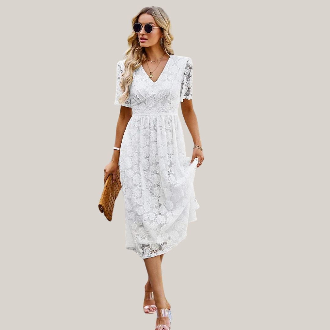 Lace midi dress with V-neckline