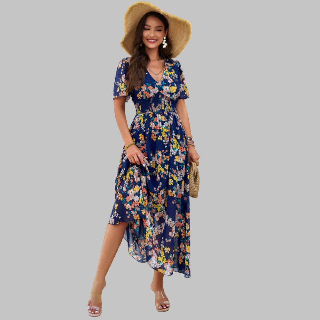 Floral V-neck midi dress with short sleeves