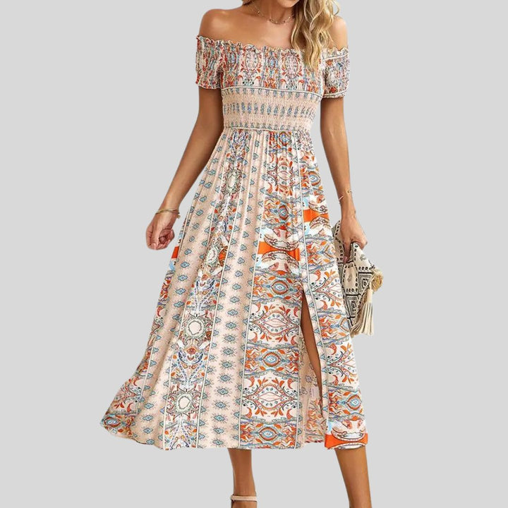 Off-the-shoulder boho maxi dress with ruffled top