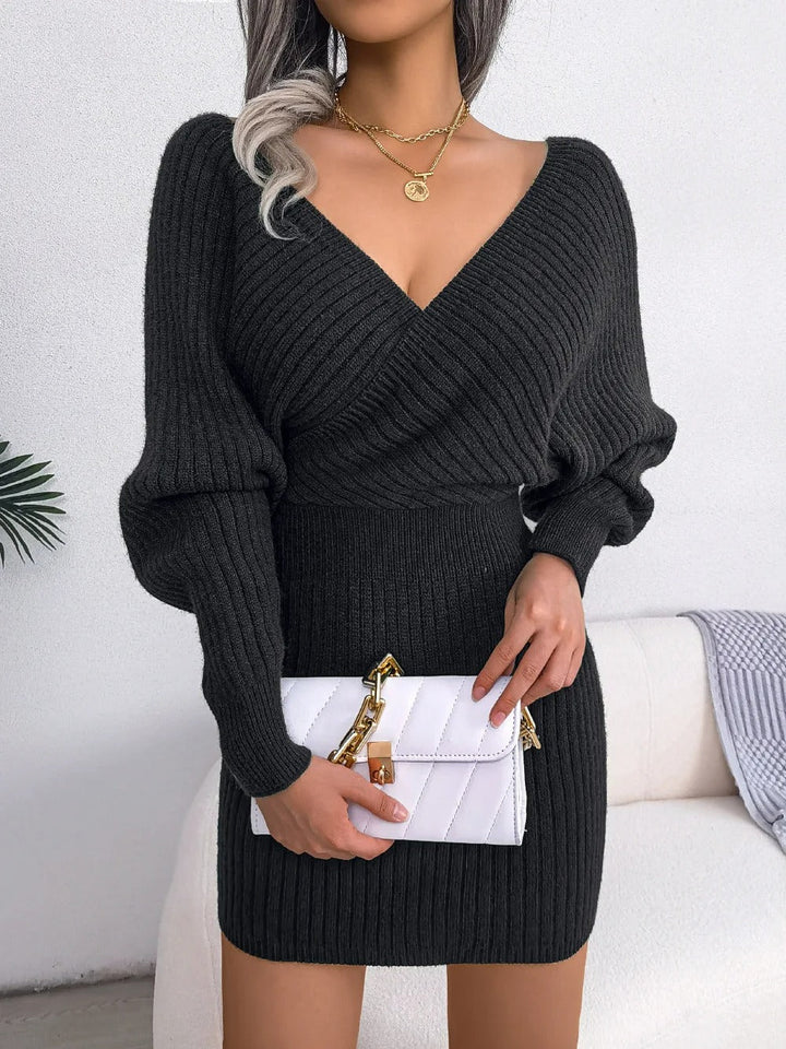 Crossed V-Neck Knitted Off-Shoulder Sexy Dress