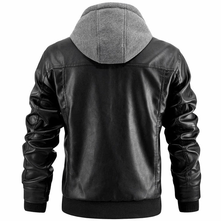 Hooded leather jacket with zipper