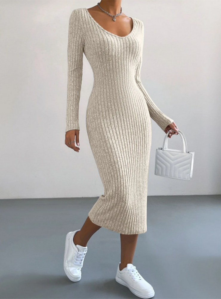 Backless long-sleeved ribbed dress