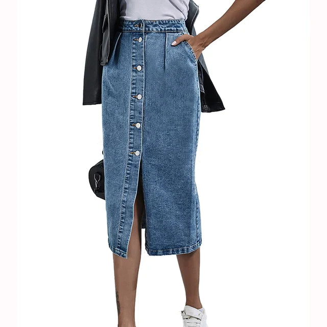 Chic denim midi skirt with button placket