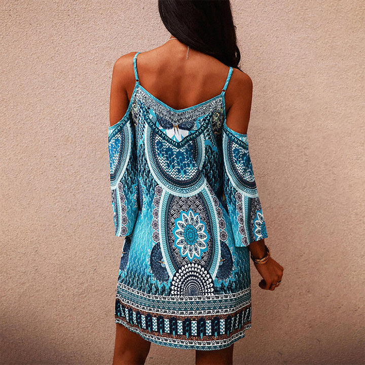 Printed summer dress with V-neck and hollow back