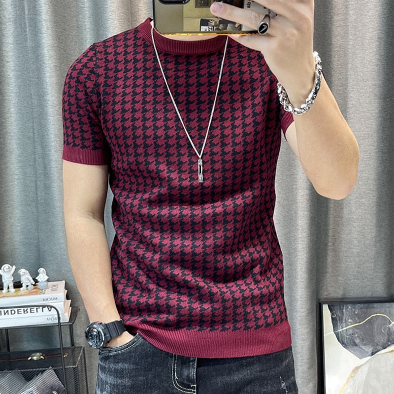 Knitted Houndstooth Design Shirt for Men