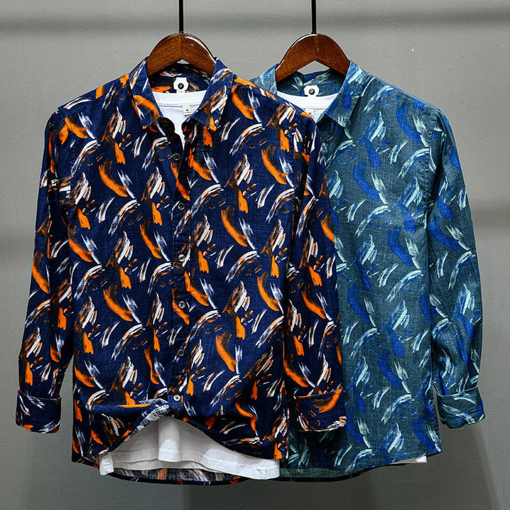 Shirt with turn-down collar and striking feather print