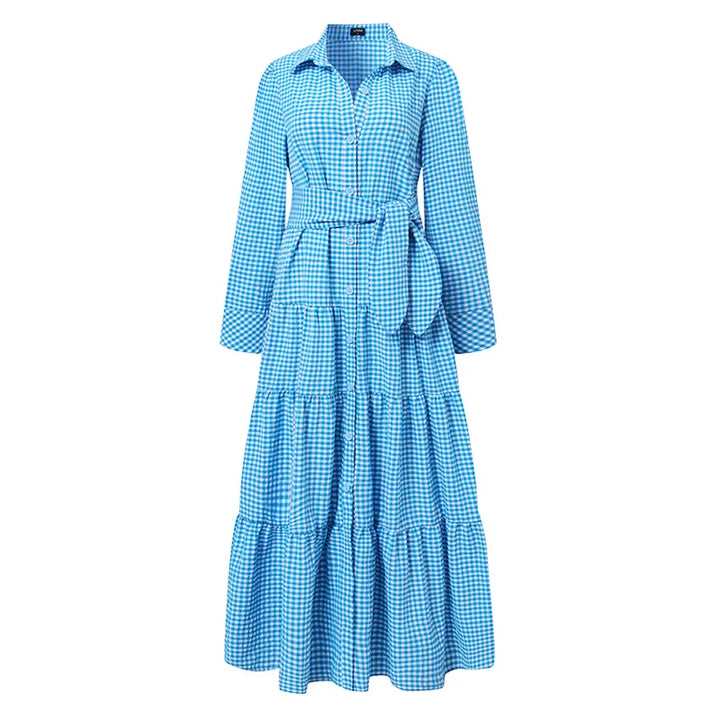 Chequered shirt dress with tiered skirt and belt