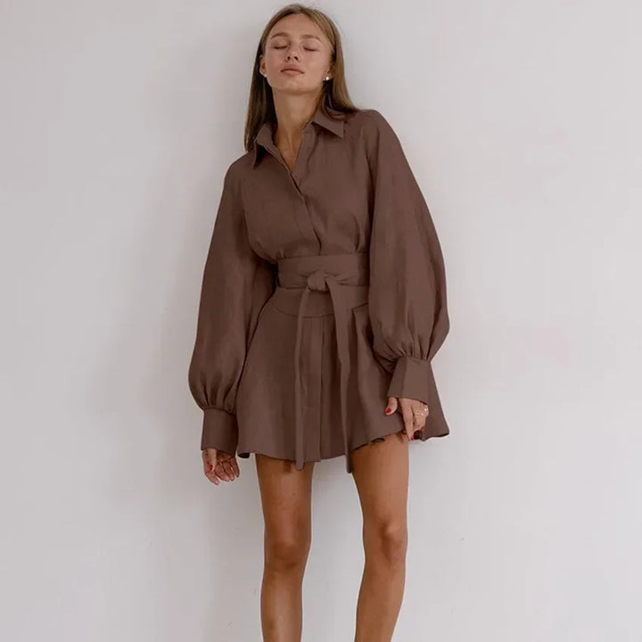 Shirt dress with lantern sleeves and waistband