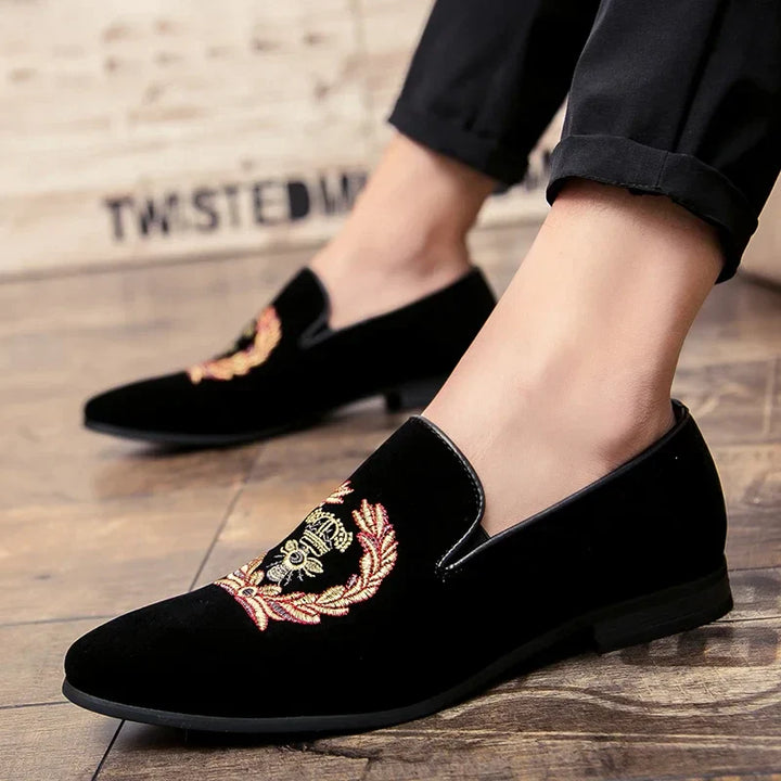 Velvet loafers with embroidered coat of arms