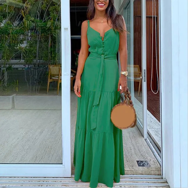 Buttoned maxi dress with V-neck and belt