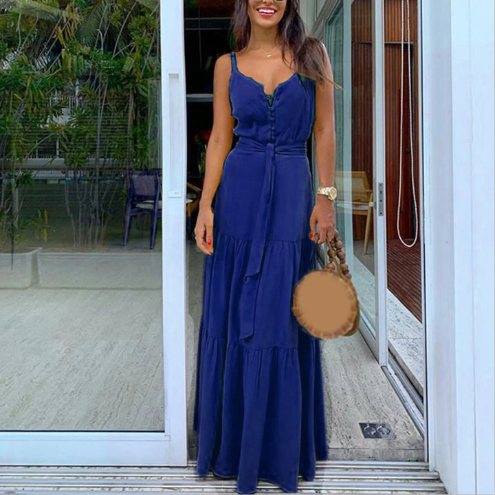 Buttoned maxi dress with V-neck and belt