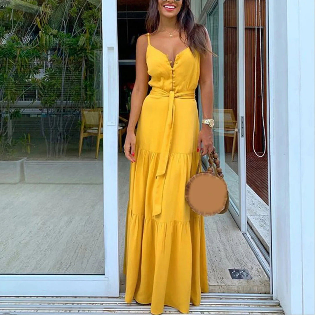 Buttoned maxi dress with V-neck and belt