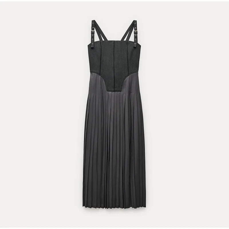 Pleated dress with buckle straps