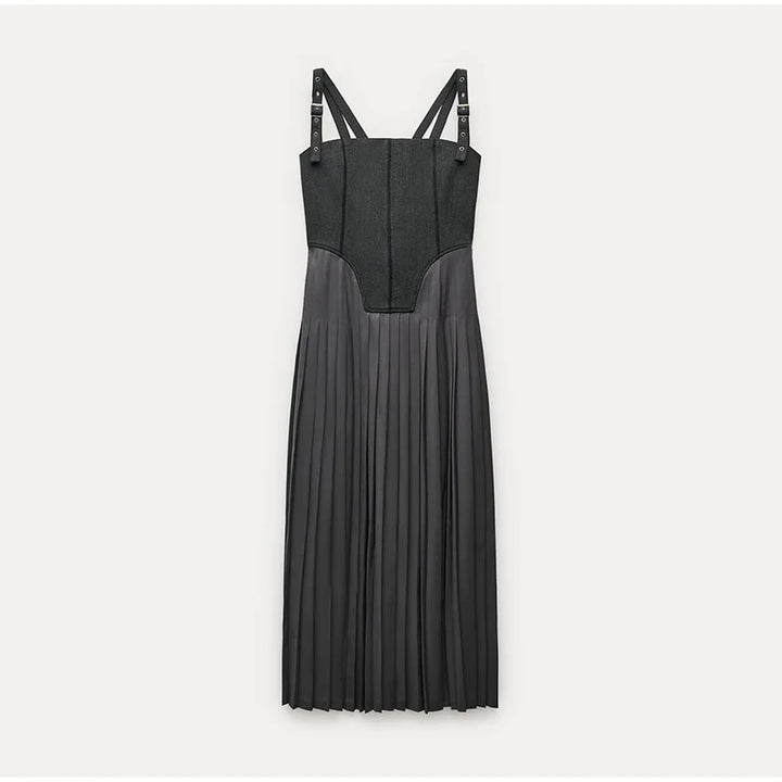 Pleated dress with buckle straps