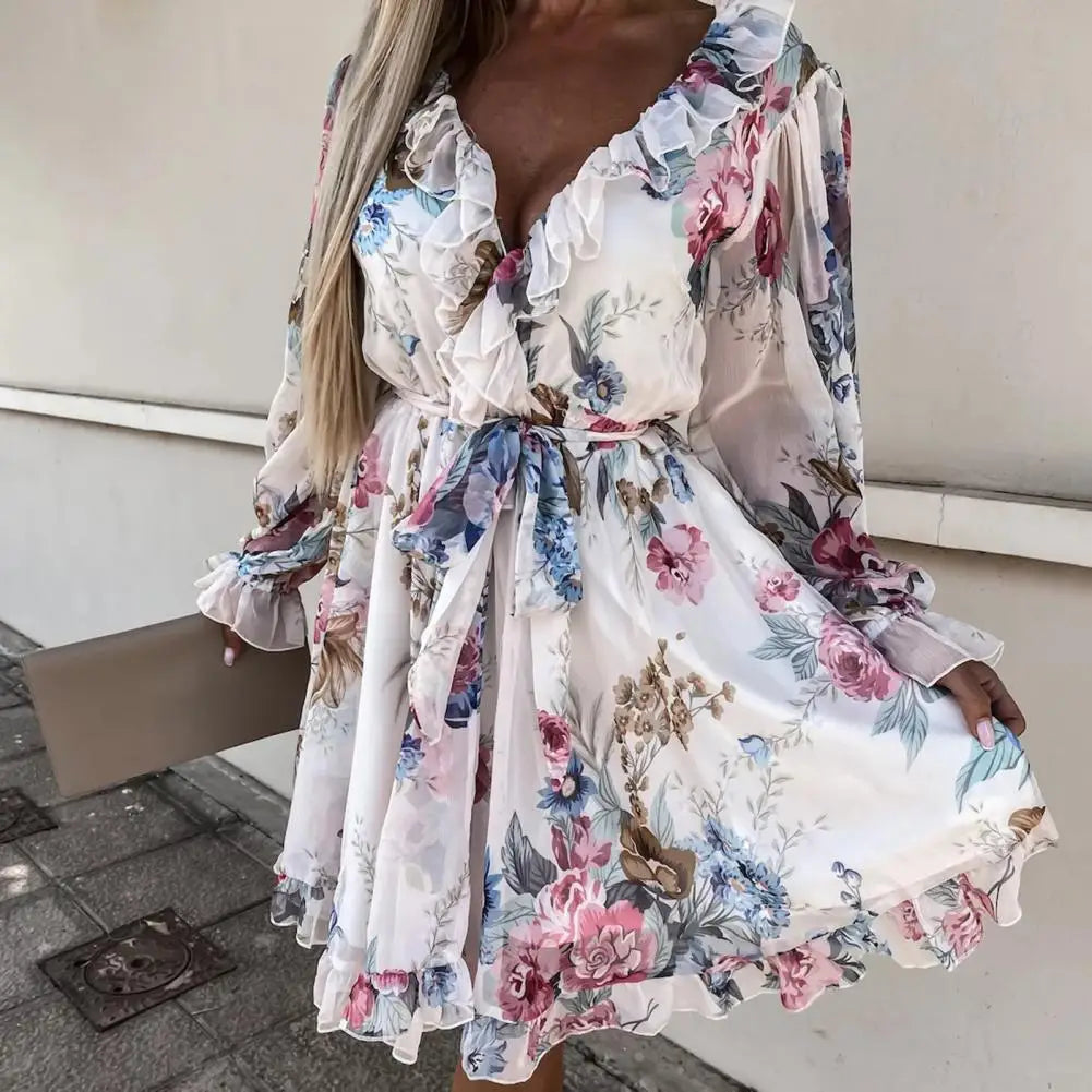 Deep V-neck chiffon dress with floral pattern