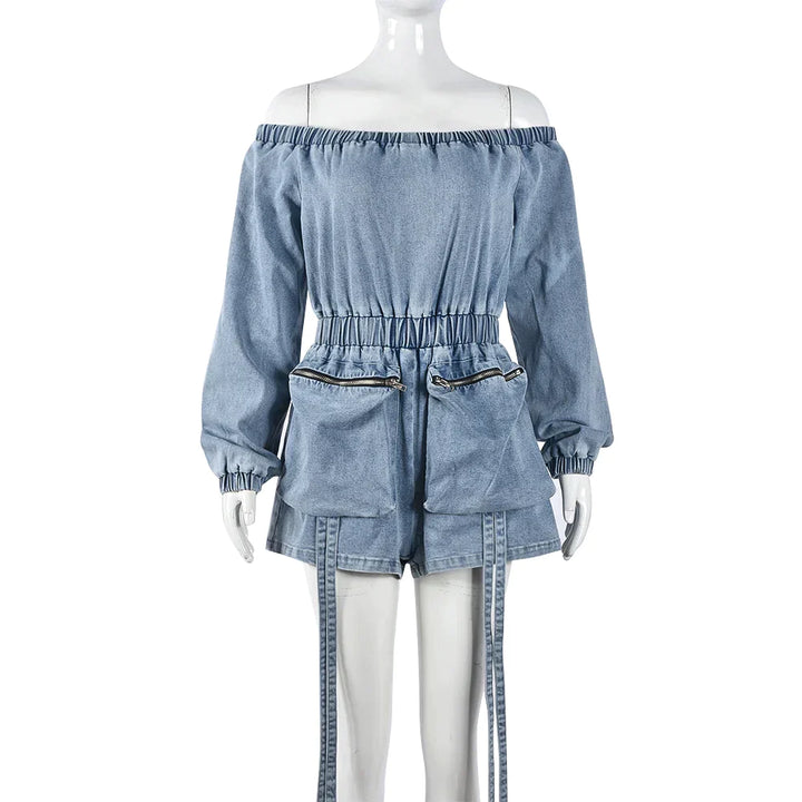 Off-the-shoulder denim playsuit with drawstring waist