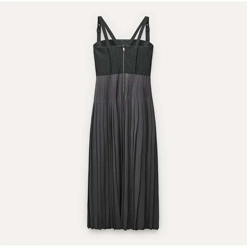 Pleated dress with buckle straps