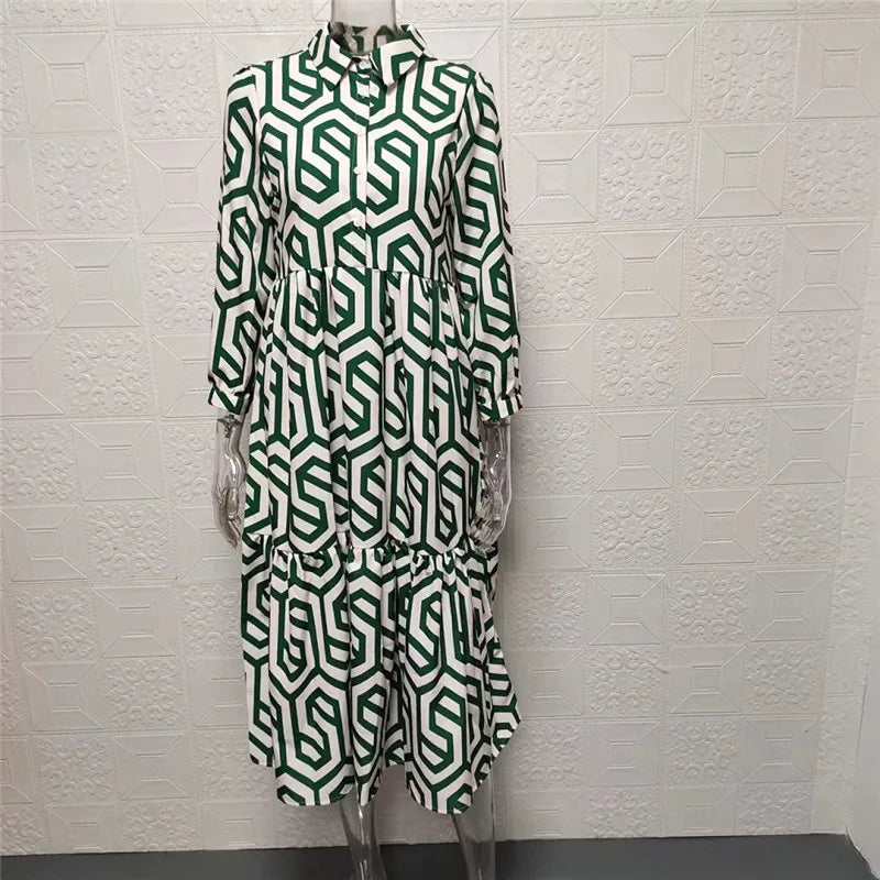 Long-sleeved dress with geometric pattern