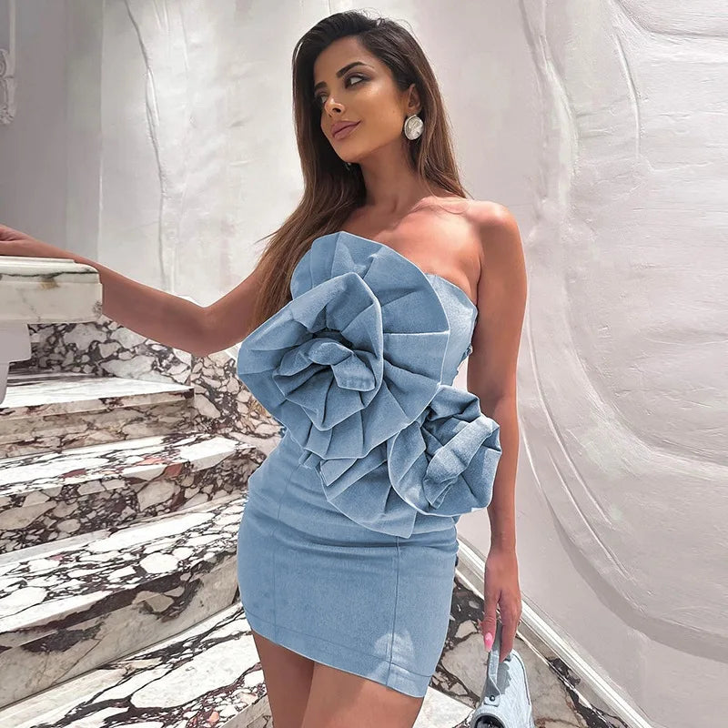 Off-the-shoulder denim mini dress with oversized ruffle