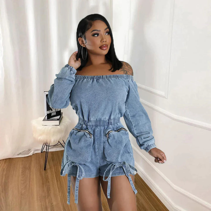 Off-the-shoulder denim playsuit with drawstring waist