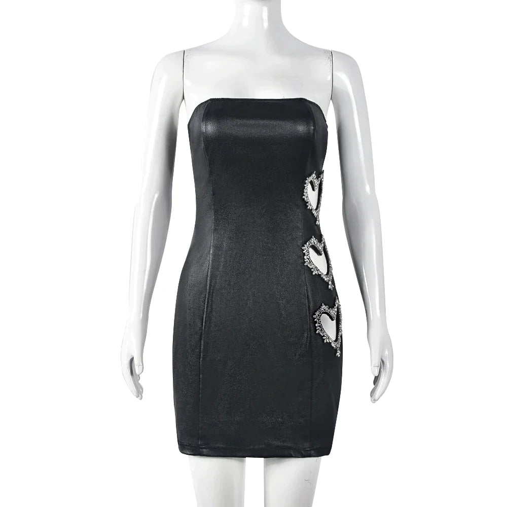 Strapless vinyl mini dress with embroidered appliqués