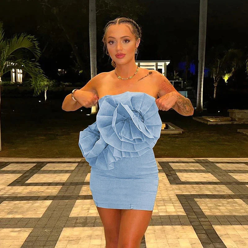 Off-the-shoulder denim mini dress with oversized ruffle