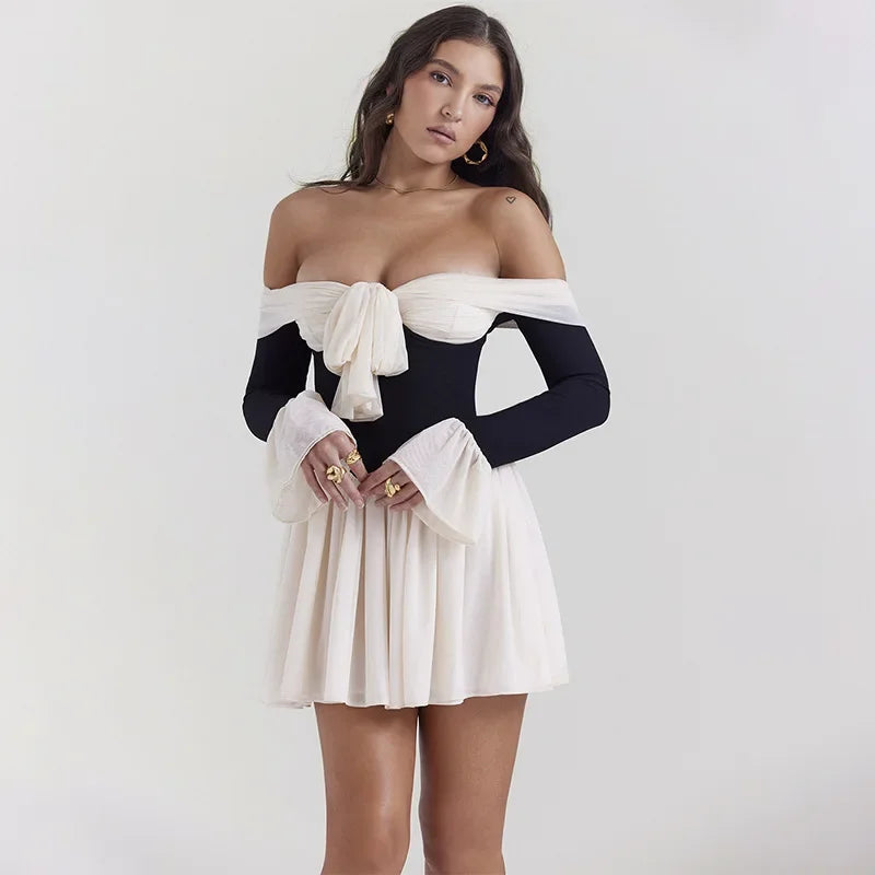 Contrast dress with bow front and off-the-shoulder design