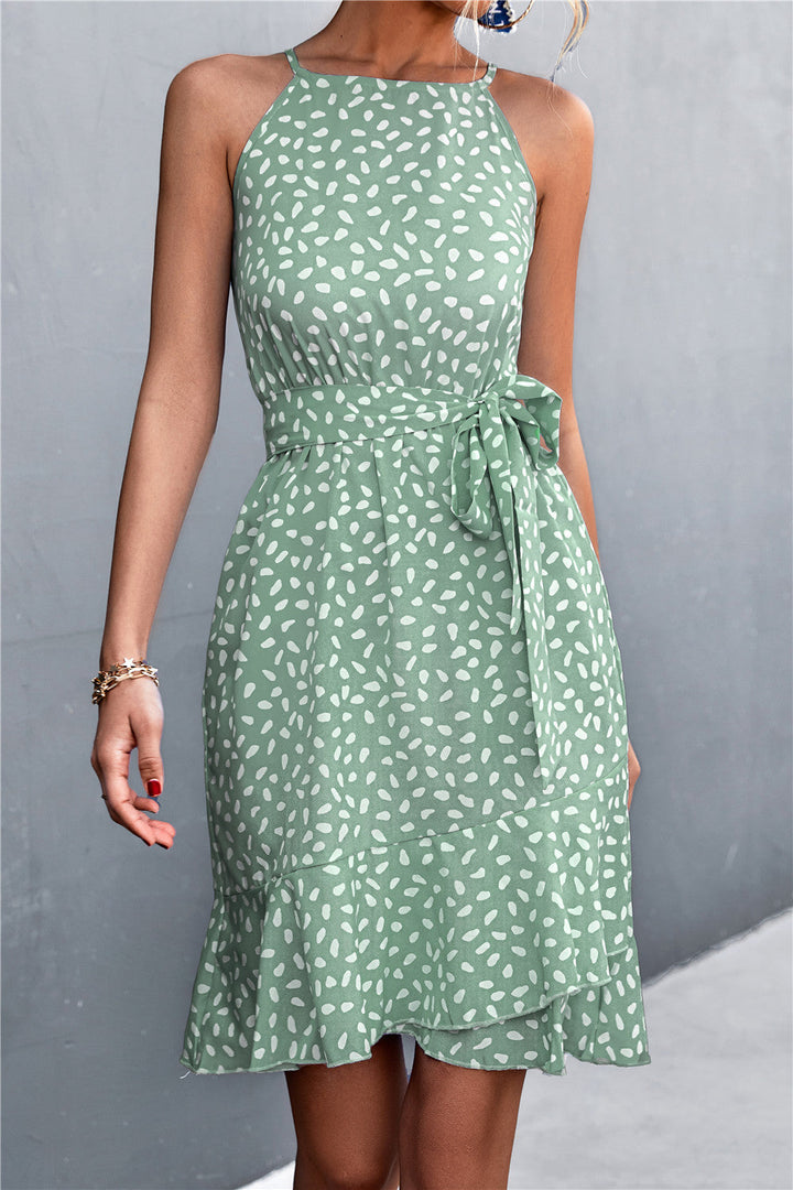 Gathered polka dot dress with halters