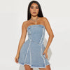 Strapless denim dress with frayed hem