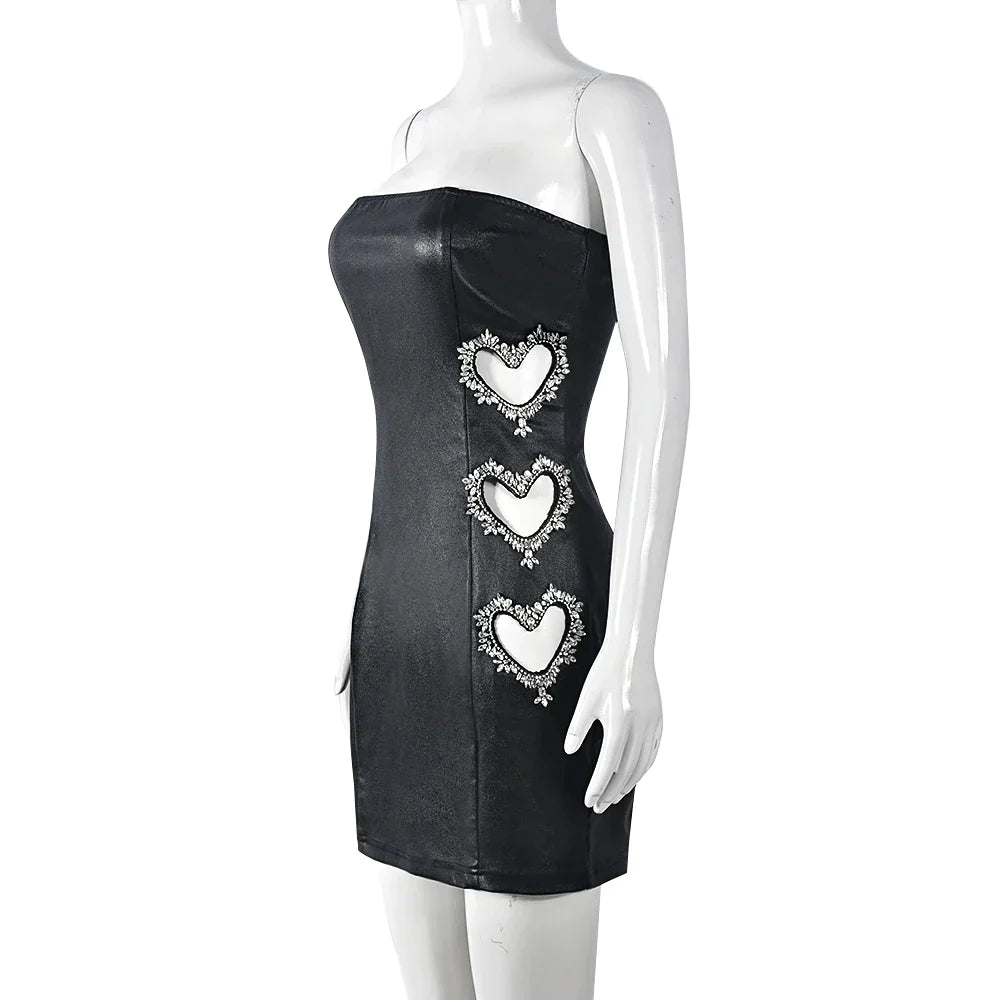 Strapless vinyl mini dress with embroidered appliqués