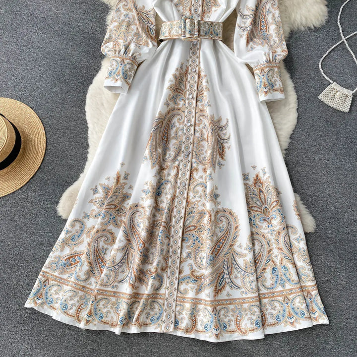 A-line dress with floral pattern belt