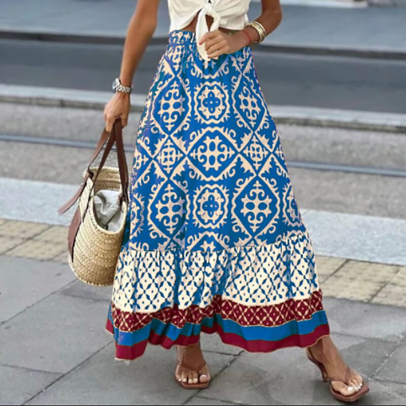 Maxi skirt with ethnic pattern and ruffled hem