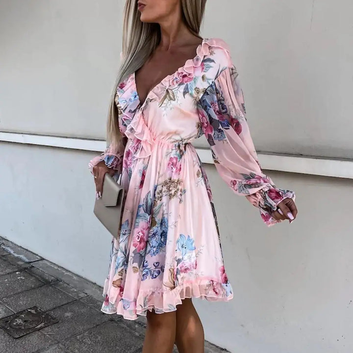 Deep V-neck chiffon dress with floral pattern