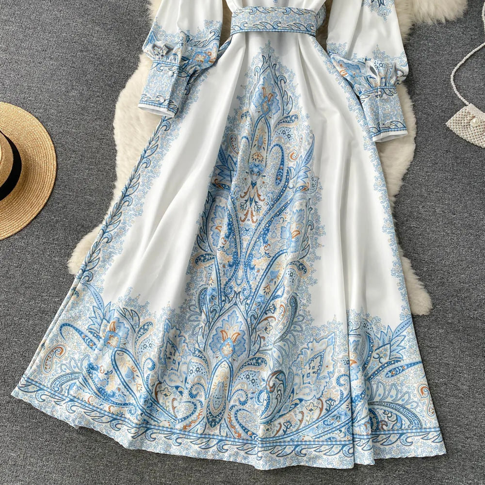 A-line dress with floral pattern belt