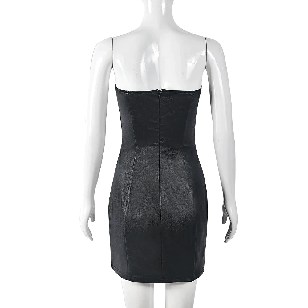 Strapless vinyl mini dress with embroidered appliqués