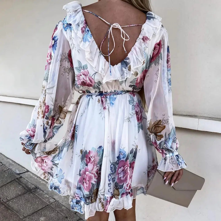 Deep V-neck chiffon dress with floral pattern