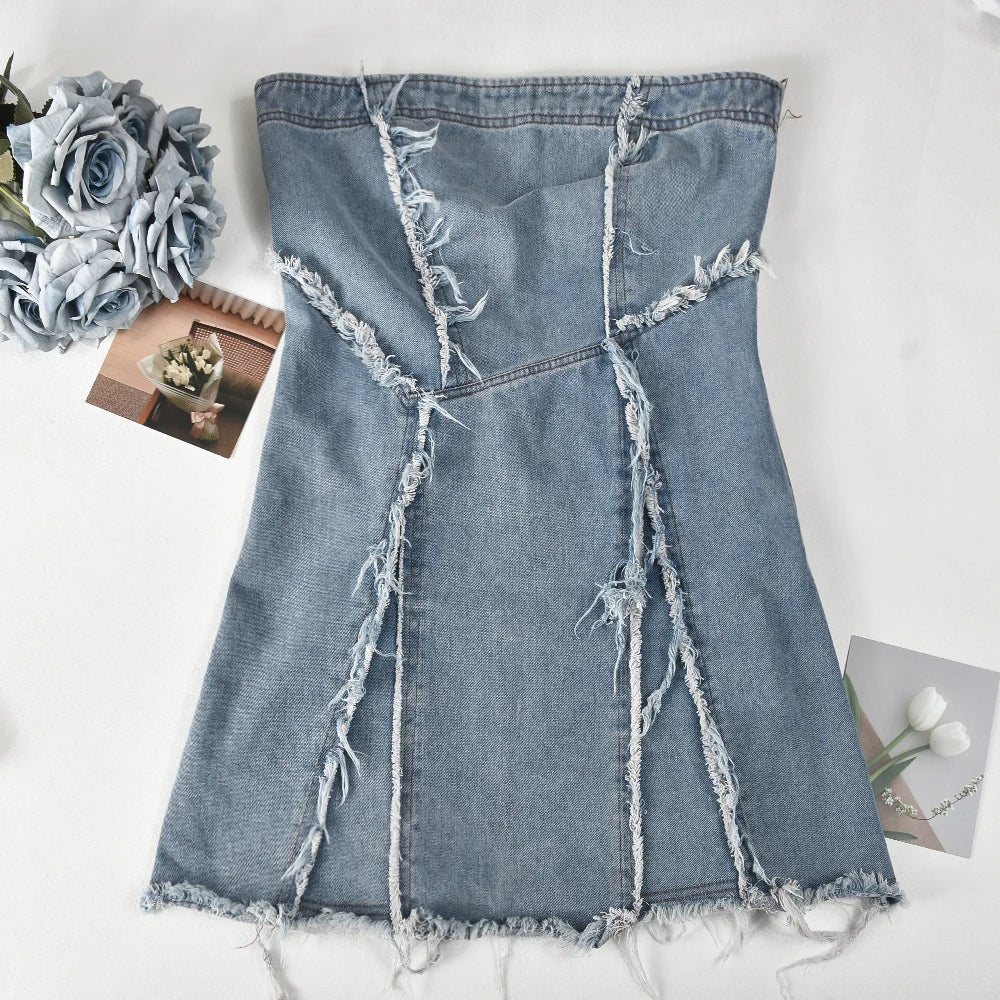 Strapless denim dress with frayed hem